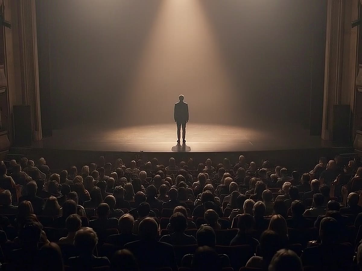A lone founder on a dim stage