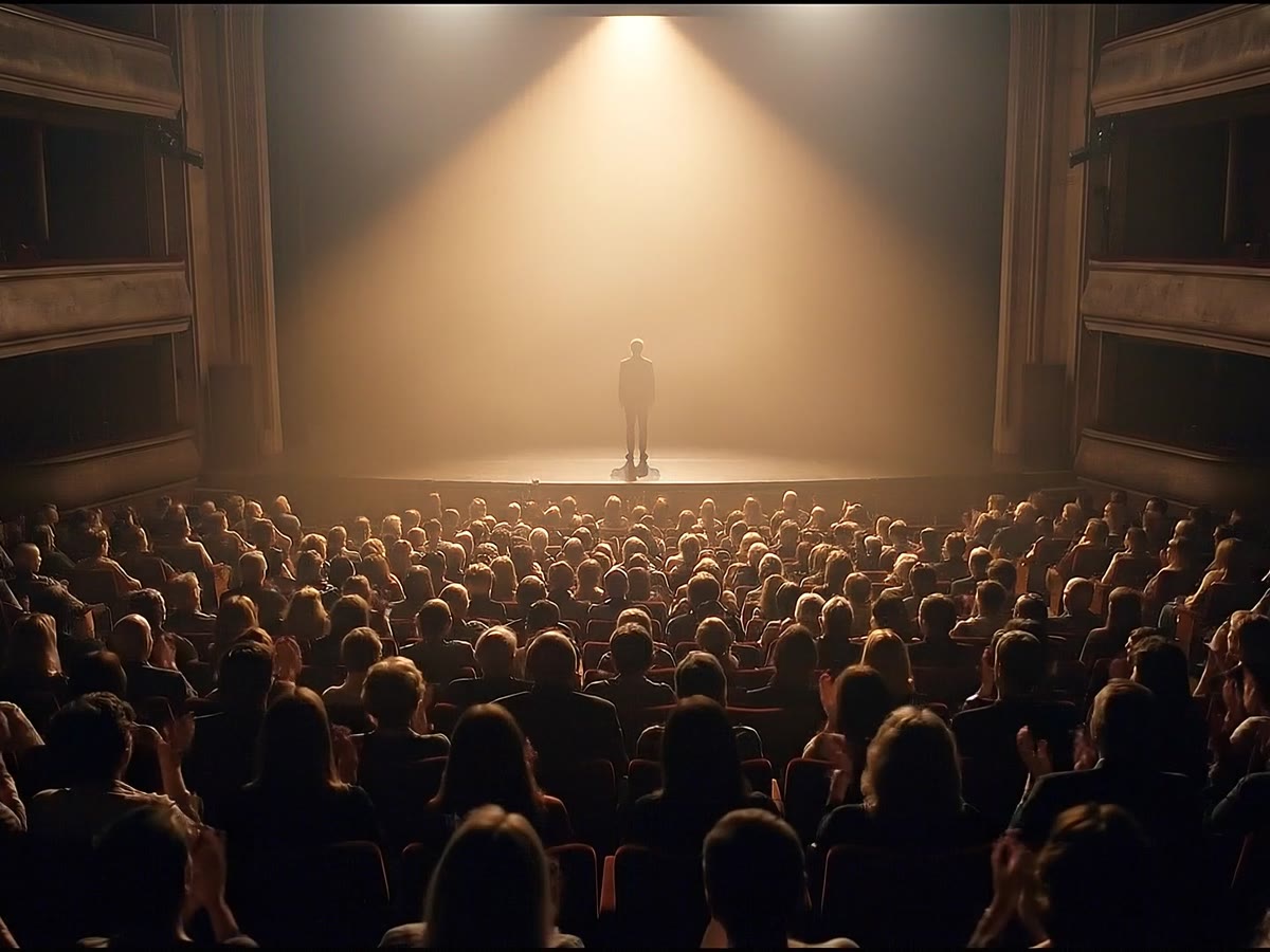 Gold light spreading from the stage over the audience