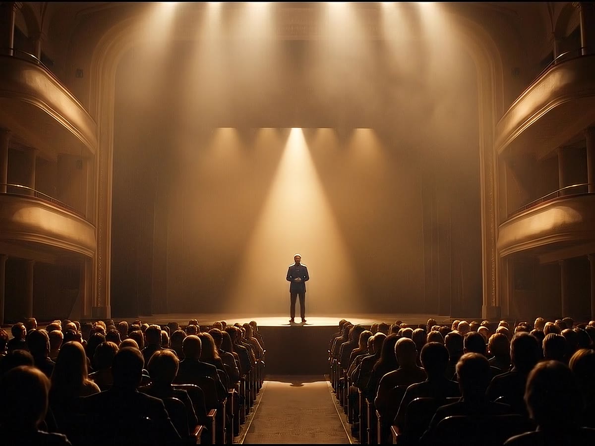 The founder in full spotlight before a packed theatre